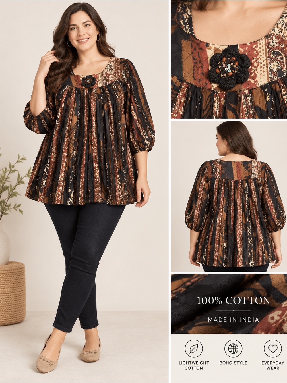 Boho Striped Floral Tunic Top in Black and Brown